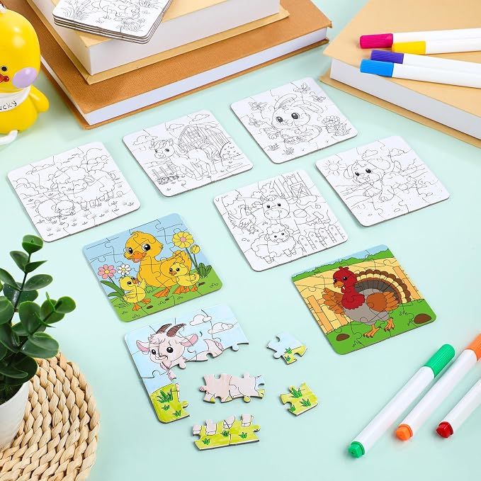 Realspring 24 Pack Farm Animal Color Your Own Jigsaw Puzzles for Kids 3-5, 4-6, 6-8, Coloring Crafts DIY Paper Puzzles Party Favors Gifts for Toddler Children Learning Education Toys