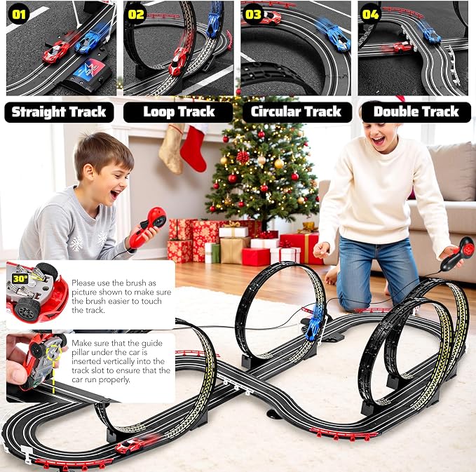 Slot Car Race Track Set for Kids Ages 6-12 Boys & Girls, Dual Racing Game 2 High-Speed Cars 1:64 Scale, Battery or Electric Powered Plug-in Track, Gift Toy Stocking Stuffers for Children