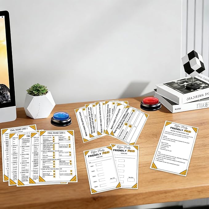 Office Party Friendly Feud Game with 2 Answer Buzzers, Team Building Trivia Quiz Cards for Family Game Night, Work Staff Coworkers Company Groups Holiday Gathering