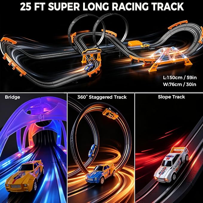 Electric Slot Car Race Track Sets with 4 High-Speed Racing Slot Cars Dual Racing Game with 2 Controllers Circular Overpass Track Featuring Flash Bridge Pendulum Gifts Toys for Boys Kids Age 6 7 8-12