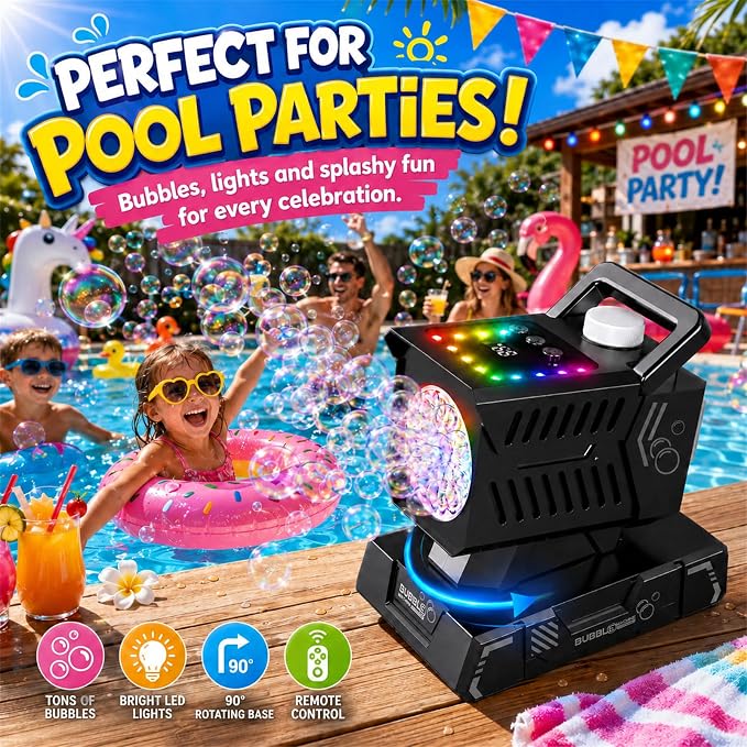 Bubble Machine Remote Control,Auto Rotation & 11 RGB Lights | 1800mAh Rechargeable Battery/USB-C Charging,Top-Fill Portable Bubble Maker for Kids Birthday Party Wedding Pool Outdoor