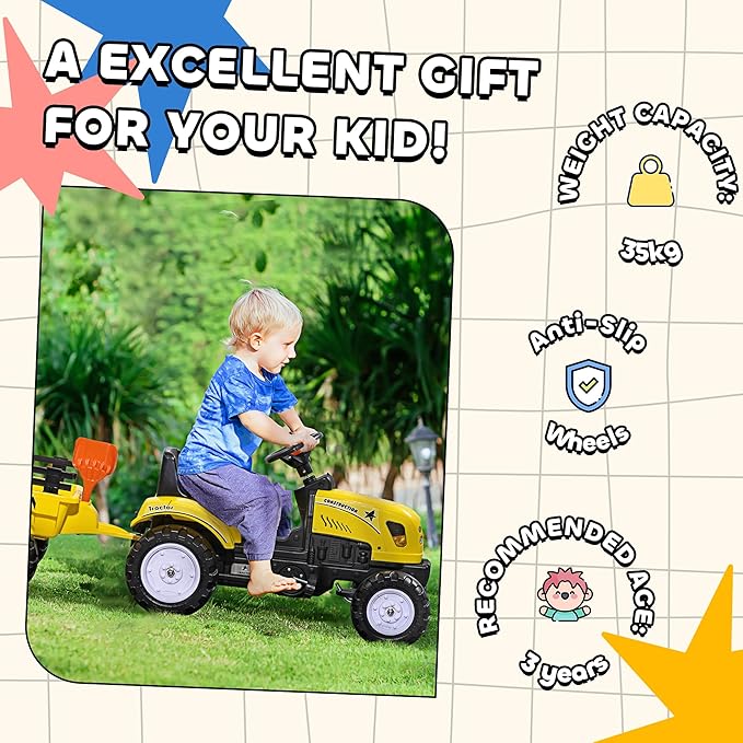 Aosom Kids Ride on Farm Tractor, Manual Pedal Ride on Car with Back Storage Trailer, Shovel & Rake, Horn for Age 3 Years Old, Yellow