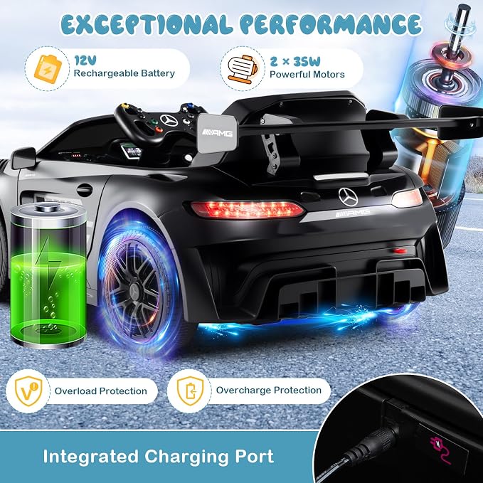 Costzon Ride on Car, 12V Licensed Mercedes-AMG GT3 Kids Car with Remote Control, 3 Speeds, LED Lights, Music, Wireless, Transport Wheels & Soft Start, Electric Vehicle for Toddlers Aged 3+ (Black)