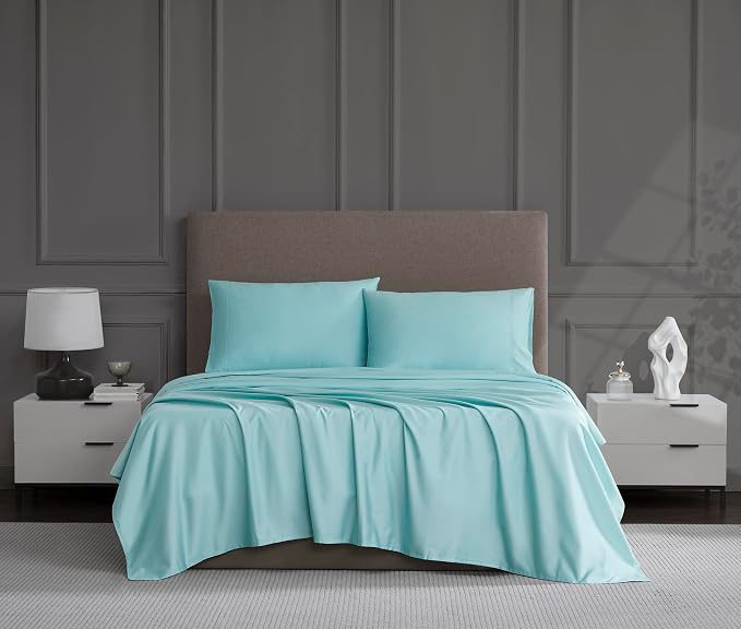 Linen Closet Luxury 1200 Thread Count King Size Sheets Set, 4 Pieces, Cotton Rich, Aqua, Soft, Durable & Wrinkle Resistant Sateen Sheets, 16" Deep Pocket Fitted Sheet, Home & Hotel Essentials