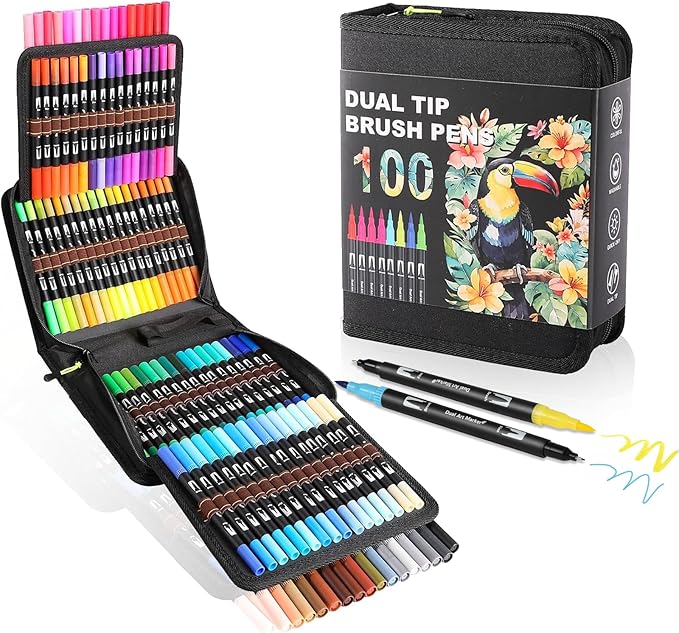 TOSHARE 100 Colors Brush & Fine Dual Tip Watercolor Markers for Adult Coloring Books No Bleeding Paint Pens For Drawing Note Taking Planner Calligraphy Journaling Card Making Back-to-School Supplies