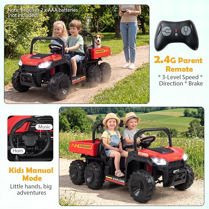 Costzon 2-Seater Ride on Dump Truck, 4WD 24V Kids Car Electric Vehicle with Remote Control, Electric Dump Bed, Shovel, Music, Story, Lights & Wireless Connection, Kids UTV for Boys Girls, Gift (Red)