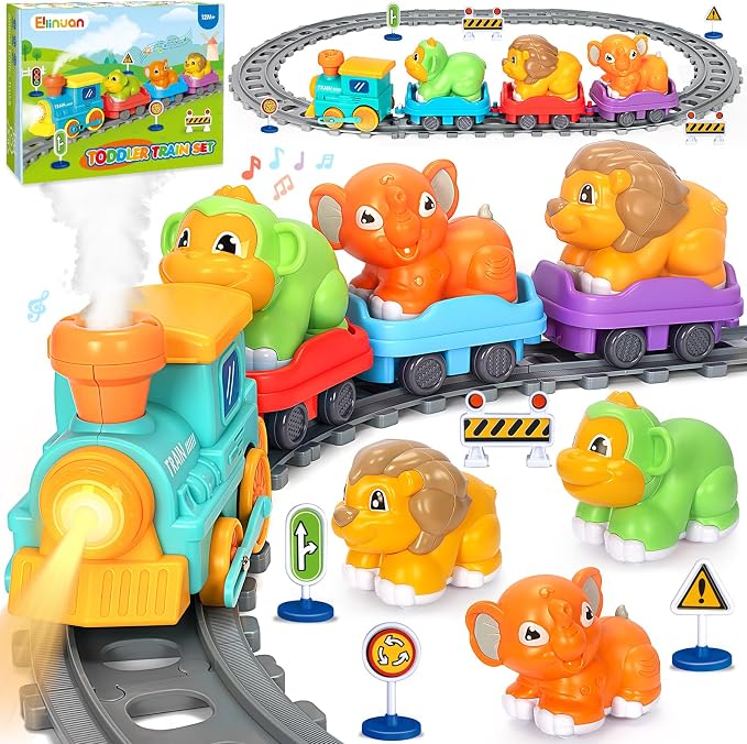 Electric Train Set for Toddlers, Realistic Steam Train Toys with Tracks for Kids 2-4, Animal Toys for Toddlers with Music & Lights, Christmas Birthday Gifts for 1 2 3 4 5 Year Old Boys Girls