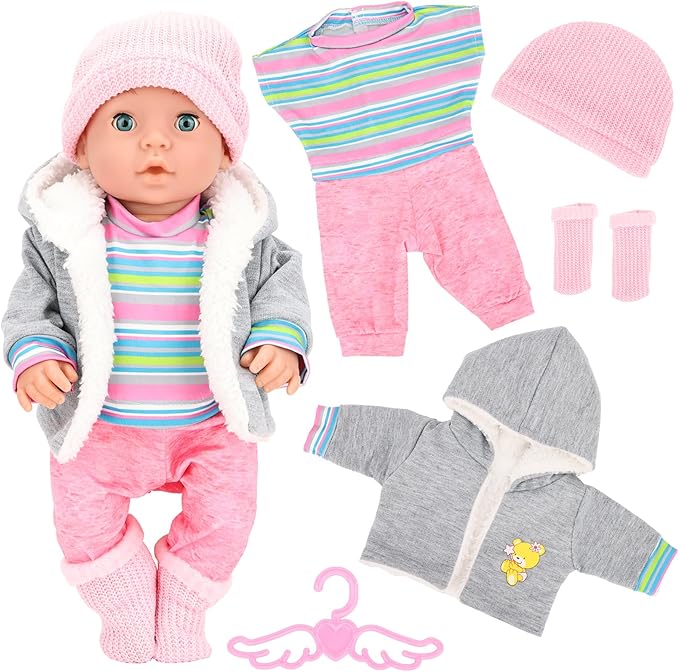 5 Pieces Baby Doll Clothes & Accessories with Outfit, Hat, Coat, Socks, Hanger for 14-16 inch Baby Dolls and 18 Inch Girl Doll(Doll NOT Include)