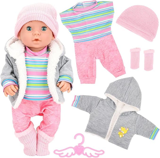 5 Pieces Baby Doll Clothes & Accessories with Outfit, Hat, Coat, Socks, Hanger for 14-16 inch Baby Dolls and 18 Inch Girl Doll(Doll NOT Include)