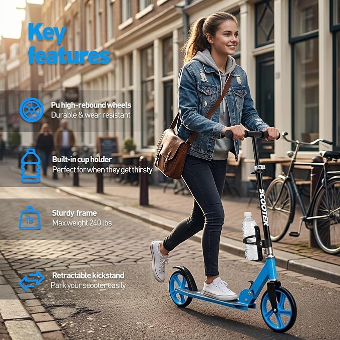 Scooter for Kids Ages 6+, Teens & Adults, Max Load 240 LBS, Foldable Kick Scooter with 8-inch Big Wheels, Kickstand, 3 Adjustable Levels, Rear Brake,