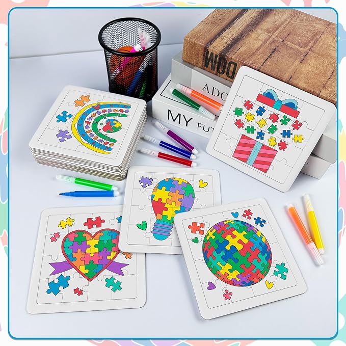 Cinrobiye 24-Pcs Autism Awareness Coloring Puzzle Kit Bulk Gifts – DIY Ribbon Puzzle Pieces with Color Pens for Teens & Adults, Autism Awareness Month Activities, School & Party Supplies