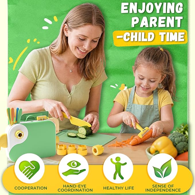 Montessori Kitchen Tools for Toddlers,Kids Knife for Real Cooking,Toddlers Knife Set with Storage Box Kids Safe Knives Children Cutting Set for Girl Boy,Montessori Toys for Kitchen Set -Green