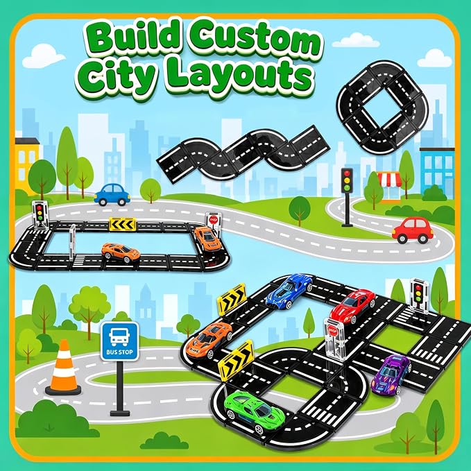 Magnetic Tiles Road Set with Cars, Magnetic Road Building Tiles with 6 Race Cars, Traffic Lights & Road Signs, STEM Construction Toy for Boys Girls Ages 3-5 4-8 5-7, Expansion Magnetic Building