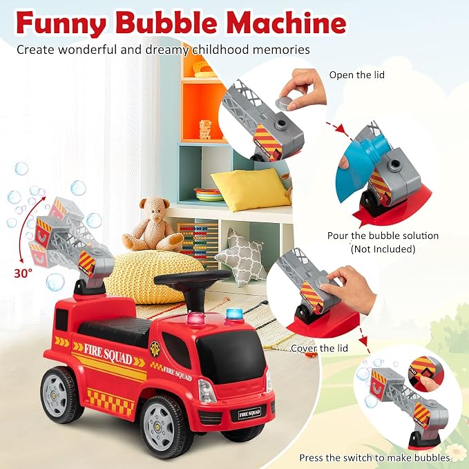 HONEY JOY Ride On Push Car with Bubble Maker, Fire Engine Push Cars for Toddlers w/Horn, Music, Lights, Under Seat Storage, Foot-to-Floor Ride On Fire Truck Toy for Kids Boys Girls, Red