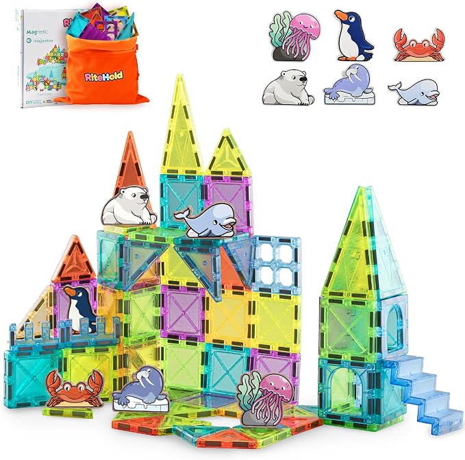 Magnetic Tiles Marine Animals 51PCS, STEM Toys Magnet Building 3D Blocks for Kids Ages 3 4 5 6 7 8, Toddler Construction Stacking Tiles Toys Gifts for Boys Girls 3+