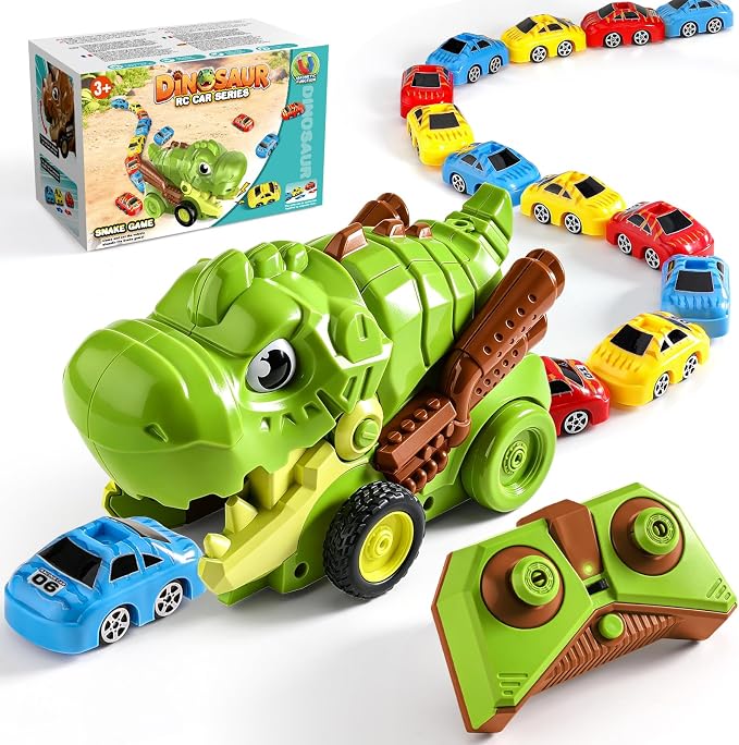 Remote Control Dinosaur Truck Toy Eats Cars for Kids 3-7 | RC Tyrannosaurus, 9 Mini Magnetic Cars, 2 Speed, 2.4G Rechargeable, Birthday Holiday Gift for Dino & RC Cars Lover