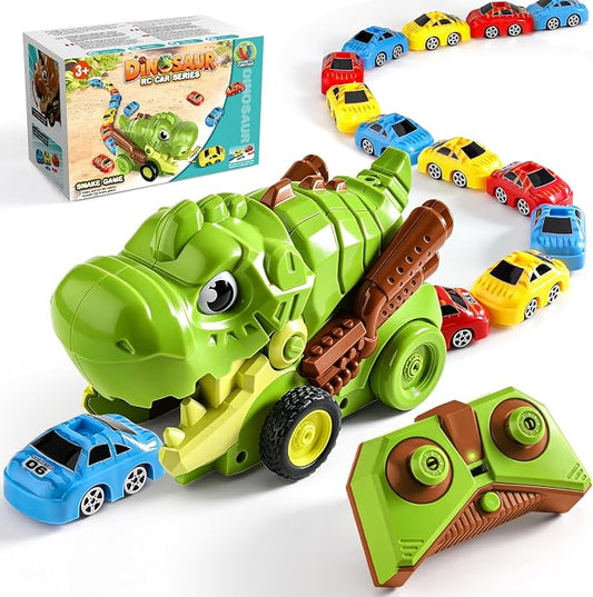 Remote Control Dinosaur Truck Toy Eats Cars for Kids 3-7 | RC Tyrannosaurus, 9 Mini Magnetic Cars, 2 Speed, 2.4G Rechargeable, Birthday Holiday Gift for Dino & RC Cars Lover