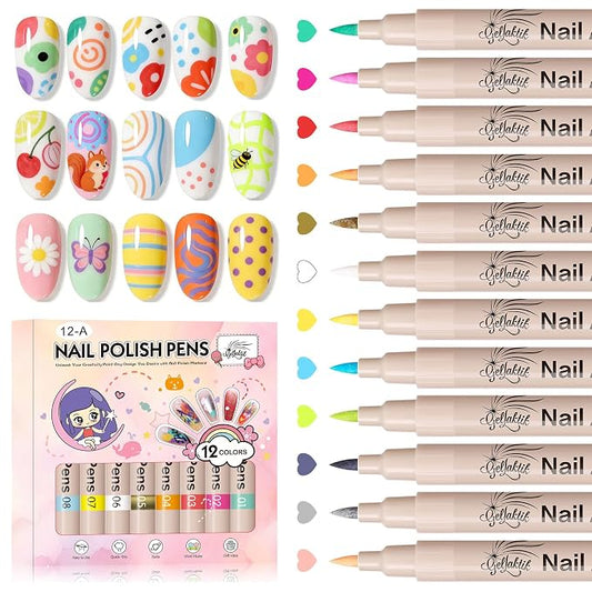 12 Colors Nail Art Pens Set, 3D Nail Polish Pens, Quick-Drying Acrylic Paint Markers, 0.7mm Dotting Painting Liner Brush for DIY Nail Design, Home & Salon Manicure Tools