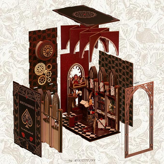 MiniCity DIY Book Nook Kit for Adults, 3D Wooden Puzzle Bookend Bookshelf Insert Decor with LED Light and Dust Cover (Alice in Wonderland)