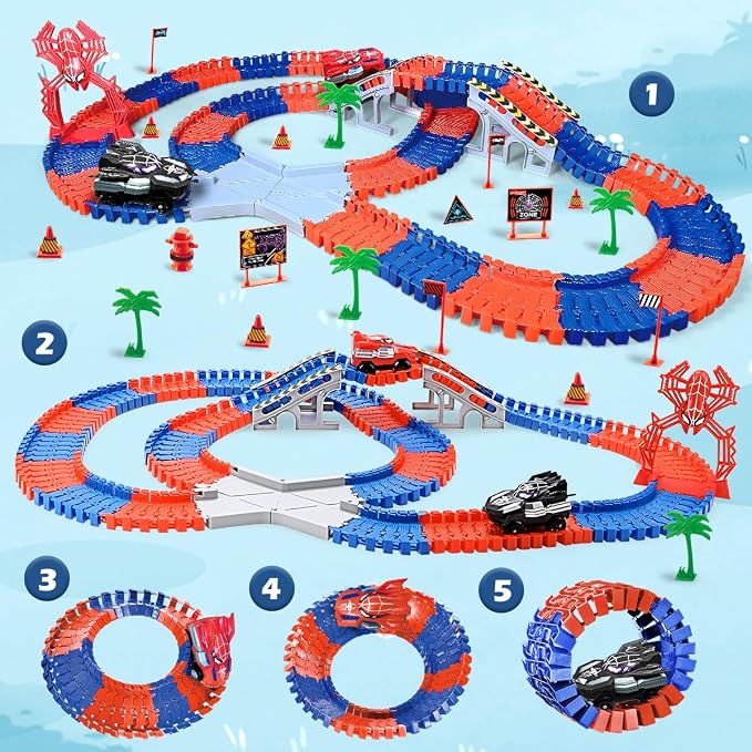 KaeKid Spider Race Track for Boys 3-8, 212PCS Race Car Track with 2 Spider Cars, DIY Flexible Track Playset, Toddler Toys Birthday Gifts for Kids