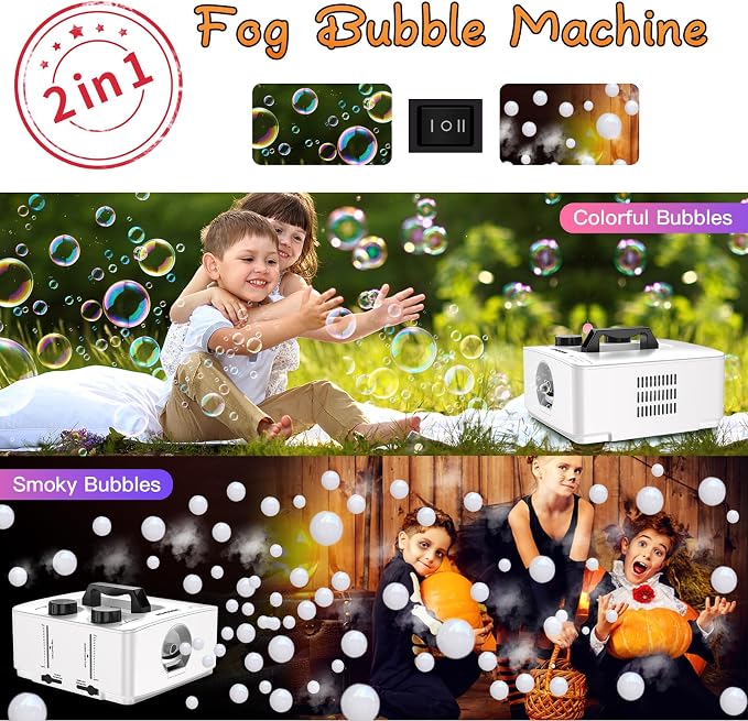 Wisdomlit Fog Bubble Machine, 2-in-1 No-Spill Smoke Bubble Machine (White) | 400W Power, 2 Bubble Modes, 8000+ Colorful or Fog-filled Bubbles, Great for Indoor Outdoor Halloween Party