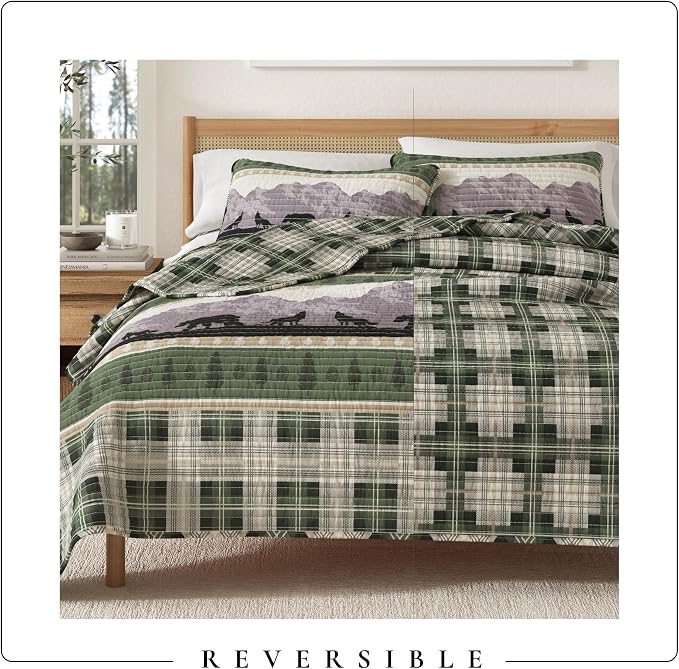 Great Bay Home Lodge Quilt Set - 3-Piece Full/Queen Size Rustic Bedding Set - Lightweight, All-Season, Reversible Bedspread (Forest Patchwork)