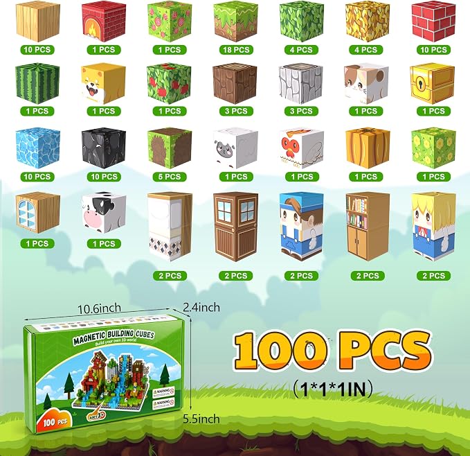 100PCS Magnetic Blocks, Magnetic Building Blocks, 0.98in Magnetic Building, STEM Game Stacking Toys for Kids, Birthday Gifts for Boys and Girls Age 3+ Years Old