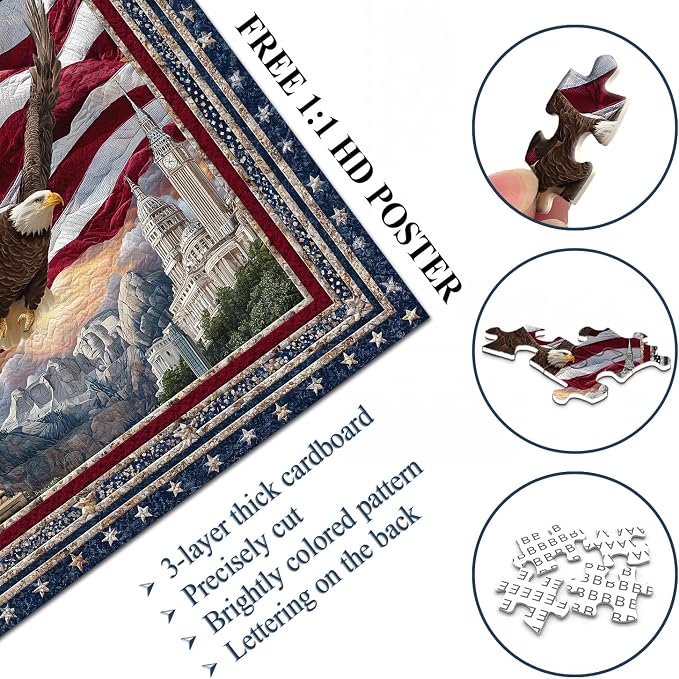 PICKFORU Eagle Puzzles for Adults 1000 Pieces, American Flag Jigsaw Puzzles Quilting Art, Difficult Challenging Impossible Embroidery Puzzle
