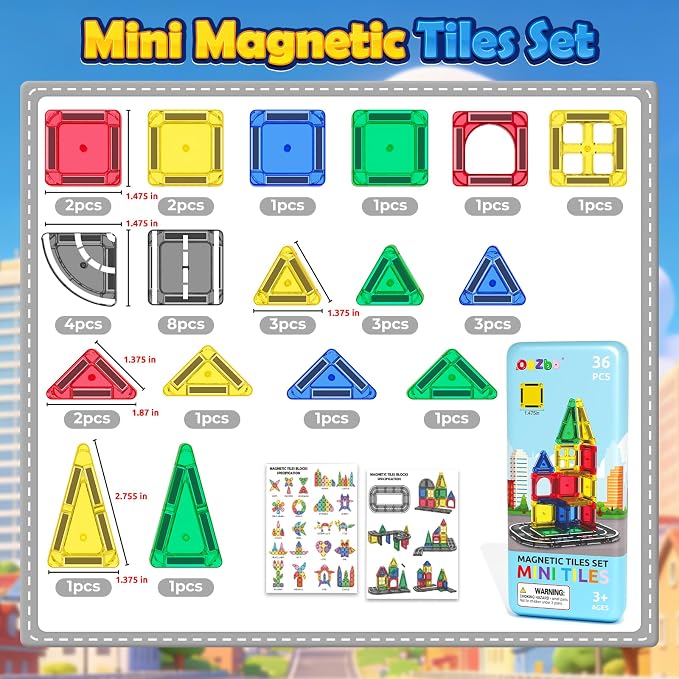 ORZbb Mini Magnetic Tiles Road with Case Toddler Travel Toys Trip Essentials Set, Magnetic Building Blocks Toys for 3 4 5+ Year Old Boys Girls Montessori Sensory Learning Easter Birthday Gifts