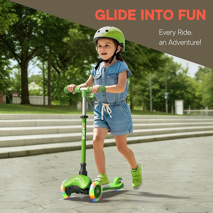 Green Mini 3 Wheel Scooter for Kids – Lean-to-Steer with LED Light-Up Wheels, Adjustable Handlebar, Wide Anti-Slip Deck, Smooth PU Wheels, Rear Foot Brake – Toddler Scooter for Ages 2+
