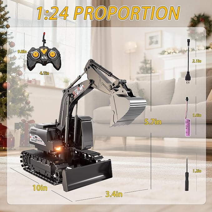 Remote Control Excavator for Boys 4-7, RC Excavator for Kids, 27 MHz Construction Trucks Vehicles Toys for Toddlers 1-3 3-5 4-7 with Metal Shovel and Light Birthday Boys Gifts