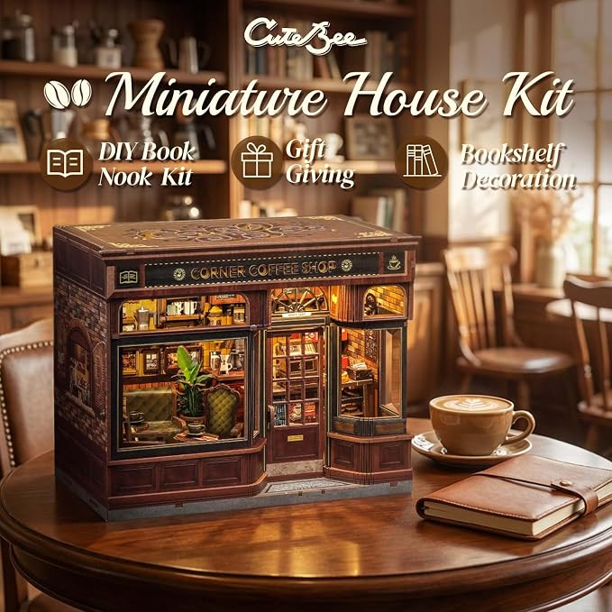 CUTEBEE Book Nook Kit - DIY Miniature House Coffee Shop Dollhouse Kit for Adults, Booknook Tiny House Bookshelf Decor 3D Wooden Puzzle, Gifts for Family, Friends (Corner Coffee Shop)