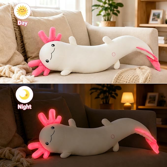 MaoGoLan Giant Axolotl Plush Pillow, Big Axolotl Plush Stuffed Animal Toy for Kid Girl Boy, Jumbo Stuffed Salamander Body Pillow Glow in The Dark, Birthday Day Gift Baby Shower Party Decor, White