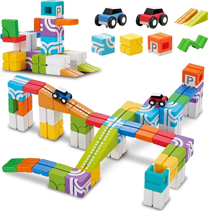QBI Magnetic Building Blocks Car Track Set, STEM Building Toys for Kids Ages 4-8, Magnetic Cubes with 2 Push-and-Go Cars, Ramps & Track Plates, Montessori Birthday Gift (46PCS)