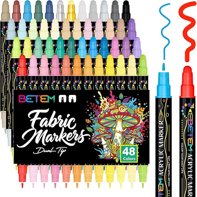 Betem 48 Colors Dual Tip Acrylic Paint Markers, Fabric Decorating Kits Premium Water-Based Acrylic Paint Pens Art Supplies for Fabric, Rock, Wood, Glass, Canvas, Ceramic, Teacher Appreciation Gift