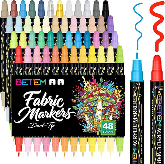Betem 48 Colors Dual Tip Acrylic Paint Markers, Fabric Decorating Kits Premium Water-Based Acrylic Paint Pens Art Supplies for Fabric, Rock, Wood, Glass, Canvas, Ceramic, Teacher Appreciation Gift