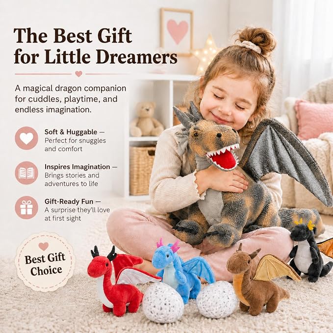 7Pcs Gray Dragon Plush Toy Set, Mother Flying Dinosaur Stuffed Animal with 4 Baby Dragon & 2 Eggs Inside, Dinosaur Stuffed Toy for Kids, Christmas Birthday Children's Day Gift for Boys Girls