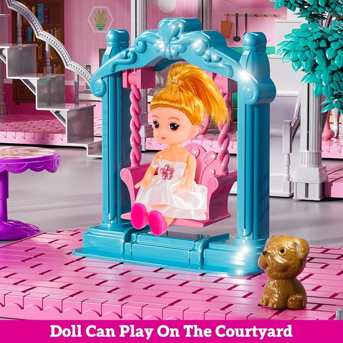JUKUDAHU Villa Playset for Girls Ages 3-7, 4-Story 12 Room House with 2 Dolls, Furniture and Accessories, Indoor Playset Girls Toys for Ages 6-8, Pretend Toddler Toy, Birthday Gifts for Kids 4-8