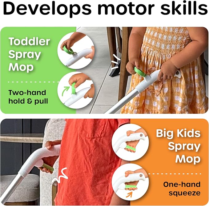 Quiggly Big Kid Toy Spray Mop - Montessori Real Water Sprayer, Ages 5-8 | One-hand squeeze & spray, make pretend cleaning chores functional