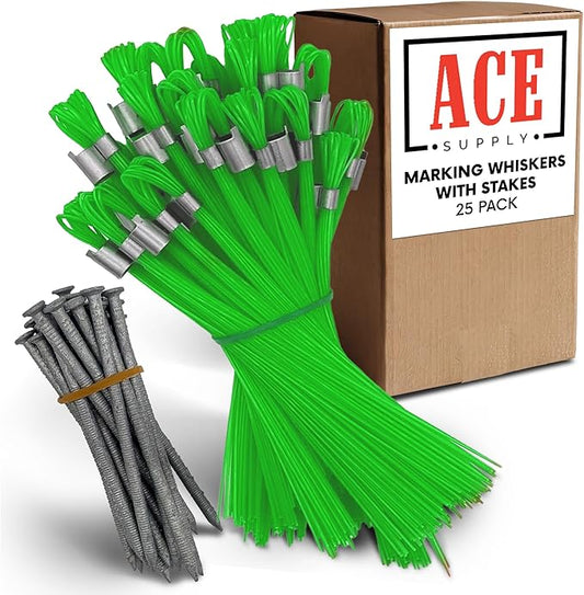 Green Marking Whiskers With Stakes - 25 Pack - Durable Marking Whisker Set - Use Survey Whiskers As Ground Markers, Construction Markers, Or Trail Markers