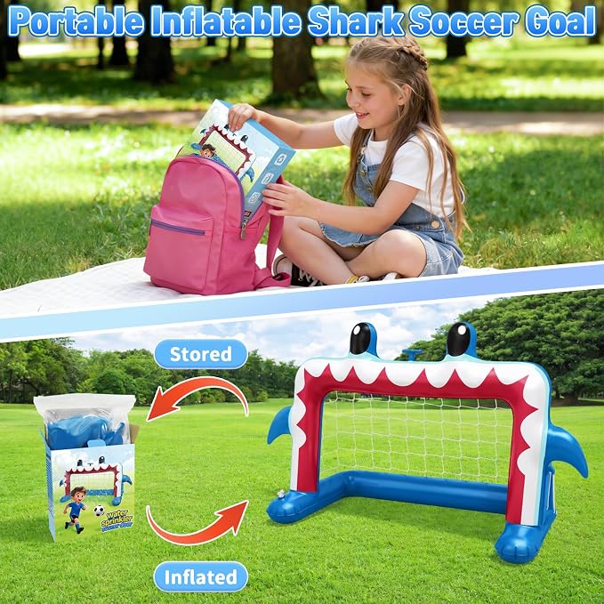 Intoypad Water Sprinkler Soccer Toys, Inflatable Shark Soccer Goal with a Soccer Ball for Backyard Pool Outdoor Play, Summer Water Games Outside Yard Pool Gifts Toys for Boys Girls Kids Ages 3-8
