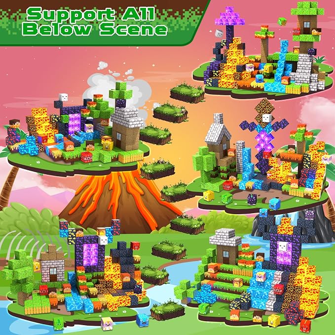 Magnetic Blocks - 300 PCS with Light Up Blocks Dinosaur Volcano Forest Castle Set - Kids Classroom Sensory Toy for Toddlers STEM, Construction Stacking Toy Kids 3+ Boys easter basket stuffers