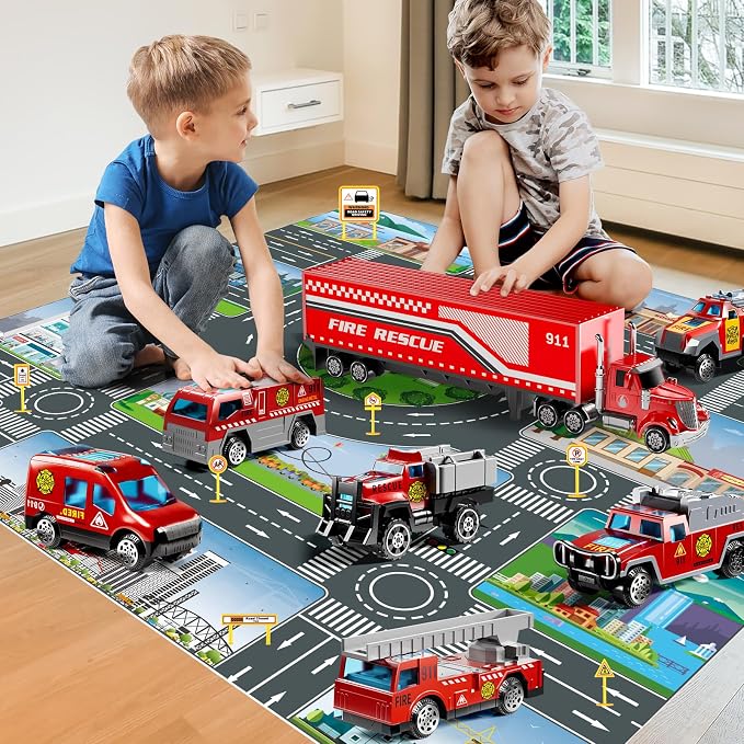 NIPLOOOW Fire Toys for 3 4 5 6 Years Old Boys Girls Kids, Die Cast Metal Fire Truck Toys W/Play Mat, Rescue Emergency Fire Truck Car Toy, Toddler Car Toy Christmas Birthday Gifts for Boys