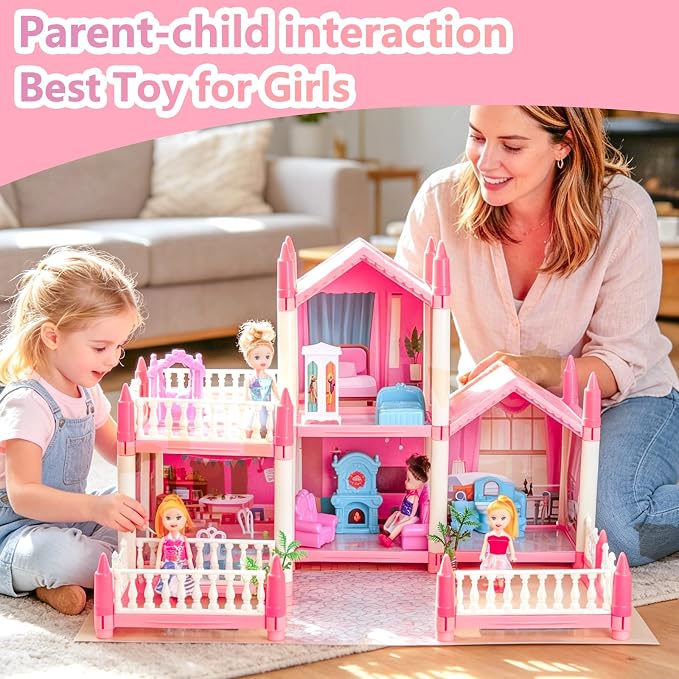 Dream Doll House for Girls with Lights, Mat, Dolls & Furniture - Imaginative Dollhouse Playset DIY Pretend Play Toy Gift for Kids Ages 3-8