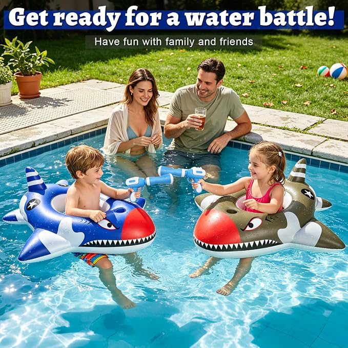2 Pack Inflatable Shark Pool Floats Kids 3-11 Years, Kids Floaties Swimming Pool Toys with 2 Water Squirt Guns Boys Girls Party Float Ride-on Toddler Floatie with Safety Seat Summer Outdoor Water Game