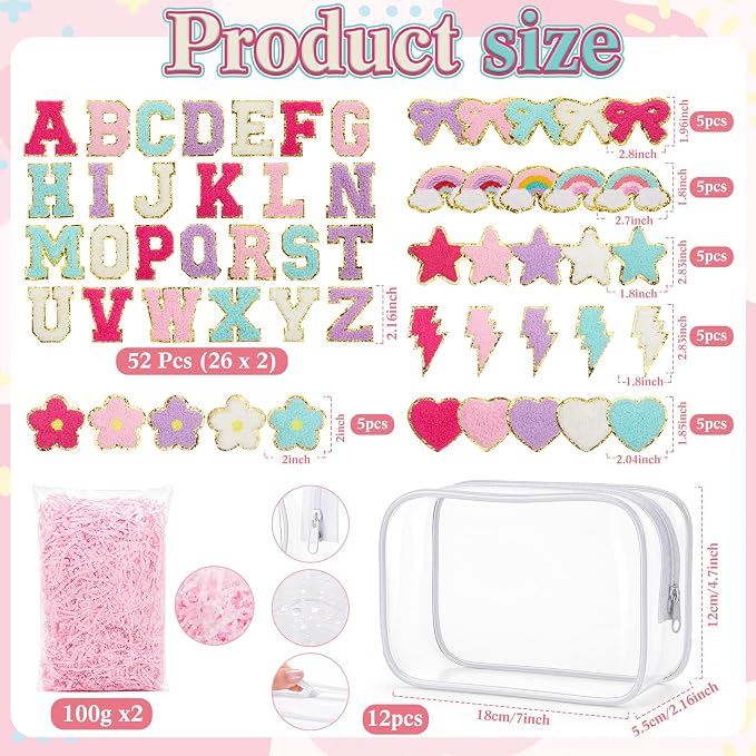 Kacctyen 96 Pcs DIY Clear Cosmetics Bags Kit Including 12 Clear PVC Makeup Bags, 82 Pcs Chenille Letter Patches Self-adhesive Stickers, 2 Crinkle Paper Filler for DIY Craft Sleepover Party Gifts