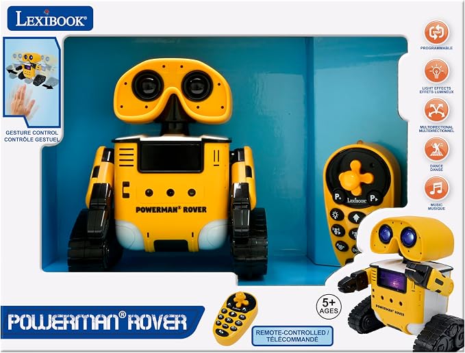 LEXiBOOK, Powerman® Rover, Your Adorable Remote-Controlled Robot Companion, Remote and Gesture Control, Plays Music and Dances, Repeats After You, Light and Sound Effects, STEM programmable, ROB14