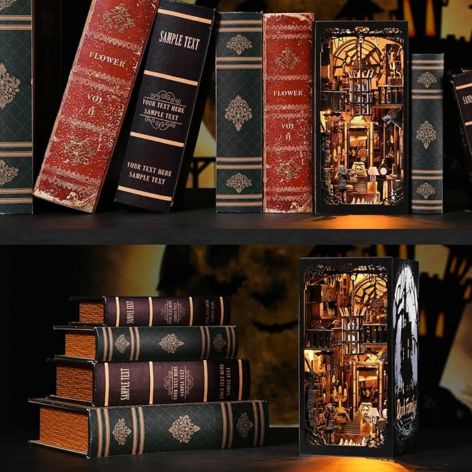 Book Nook Kit - Goth Castle DIY 3D Wooden Puzzle for Adults, Horror Bookshelf Insert with LED Lights, Halloween Home Decor Gift, The Dark Family
