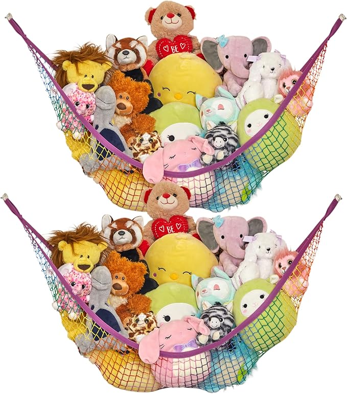 Stuffed Animal Hammock 2 Pack | Corner Stuffed Animal Storage & Plushie Net | Toy Hammock for Stuffed Animals | Holds 12lbs | Easy Hang, All Hardware Included | Rainbow Bedroom Decor | by Lilly's Love