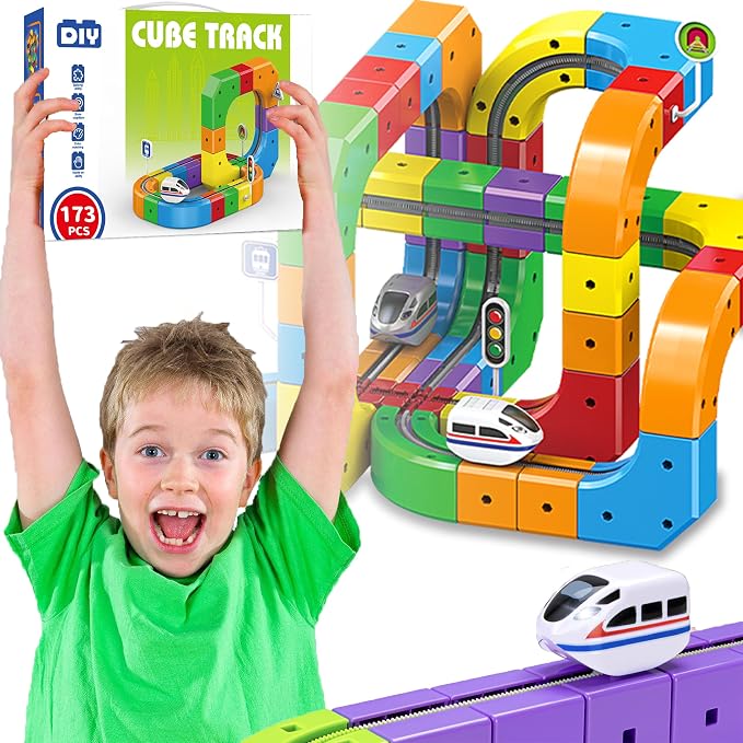 Electric Train Set Flexible Race Track Toys for 3 4 5 6 7 8 Years Old Boys and Girls, Building Toy Train Track Gravity-Defying 3D Embedded Layouts & Motorized Car, STEM Gift(Master Set(173 Piece))